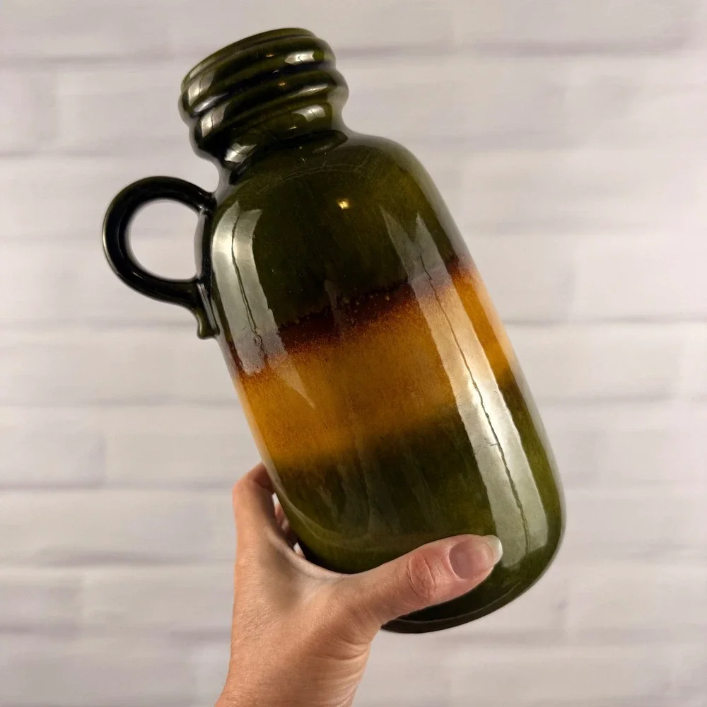 Scheurich 413-26 West German Pottery Krug Handled Vase Green Amber